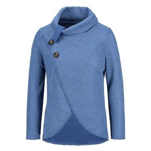 Women High Neck Sweater Buttons Loose Long Sleeve Asymmetrical Pullover Shirt